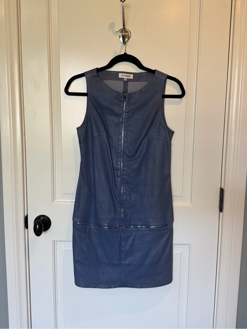 Jitrois Sleeveless Blue Leather Zip-Front Mini Dress
